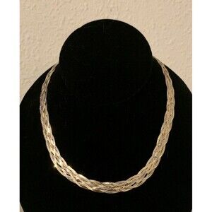 Vintage Sterling Silver Tri Colored Herringbone Necklace Braided 16” 925 Wide
